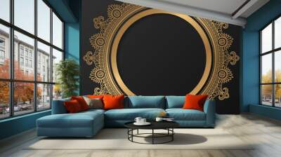 Golden frame with ornament in circle on black background. Luxury gold mandala. - Vector. Wall mural