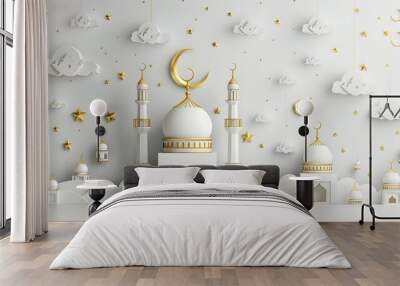 muslim festival eid mubarak banner with 3d crescent design white background Wall mural