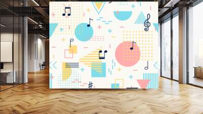 Geometric seamless pattern with music notes and signs. Alphabet vector background. Memphis style for fashion. Wall mural