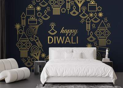 Happy Diwali design with Festival line icons symbols. Vector background Wall mural