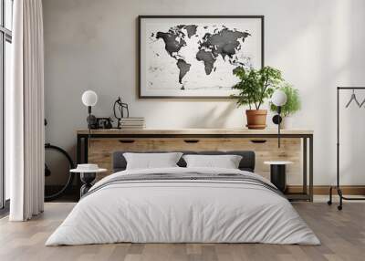 Black and white map poster hanging on the wall in a Scandinavian home interior with a console table, black lamp, and decor, isolated on a beige background, mockup concept. Wall mural