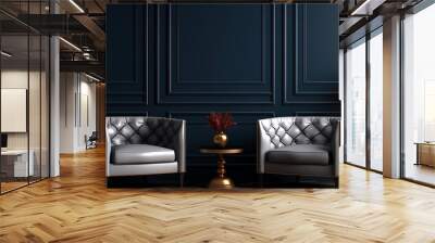 Modern interior design, with a dark blue wall featuring classic wainscoting and two armchairs. Wall mural