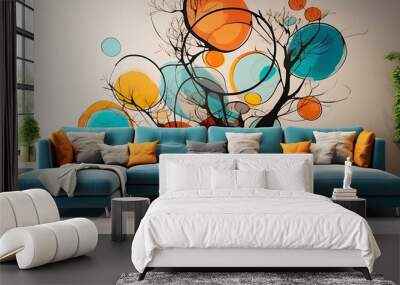 Mural with colorful circles in and beige on the wall of an elegant living room with a sofa. Minimalist style. The background is white and has two small side tables near it. Wall mural