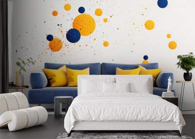 Mural with colorful circles in and beige on the wall of an elegant living room with a sofa. Minimalist style. The background is white and has two small side tables near it. Wall mural