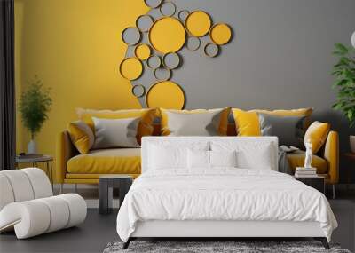 Mural with colorful circles in and beige on the wall of an elegant living room with a sofa. Minimalist style. The background is white and has two small side tables near it. Wall mural