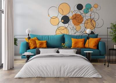 Mural with colorful circles in and beige on the wall of an elegant living room with a sofa. Minimalist style. The background is white and has two small side tables near it. Wall mural