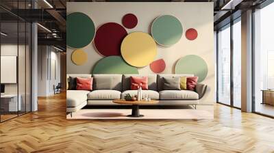 Mural with colorful circles in and beige on the wall of an elegant living room with a sofa. Minimalist style. The background is white and has two small side tables near it. Wall mural