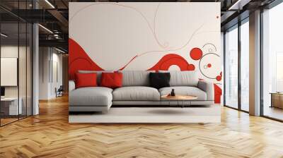 Mural with colorful circles in and beige on the wall of an elegant living room with a sofa. Minimalist style. The background is white and has two small side tables near it. Wall mural