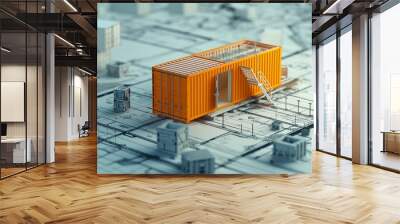 Construction site office, cargo container model on building blueprint plans background. 3d illustration. Wall mural