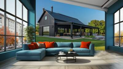 Contemporary black and white barndominium with spacious outdoor entertainment space Wall mural