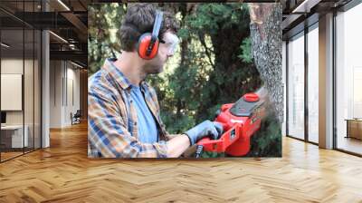 Candid of lumberjack holding a chainsaw Wall mural