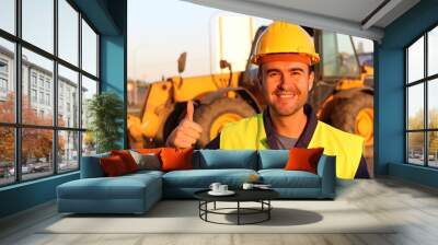 Construction driver with excavator on the background Wall mural