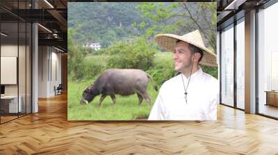 Farmer with ox and gorgeous landscape Wall mural