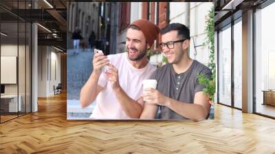 Happy gay couple looking at something on the phone Wall mural