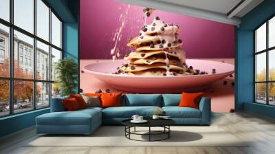 Chocolate Chips Falling into Pancake Batter Chocolate chips tumbling into a bowl of pancake batter, ideal for a sweet breakfast treat. Set against a pastel pink background. Generative AI, Wall mural