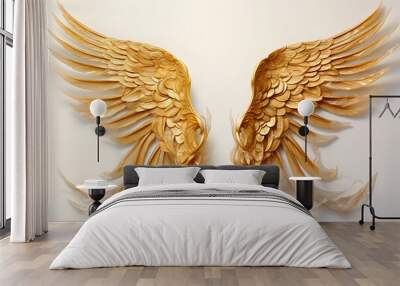 Embrace the celestial beauty of a pair of shimmering gold wings and feathers, gracefully portrayed against a transparent background  Generative AI, Wall mural