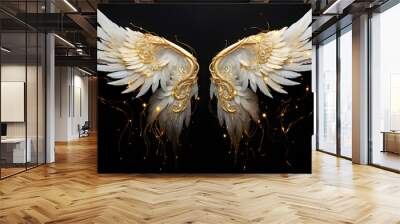 Surrender to the enchanting allure of a pair of radiant gold wings and feathers, gracefully depicted against a translucent  Generative AI, Wall mural