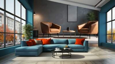 Modern living room interior with two brown armchairs, wooden table, and wall art Wall mural