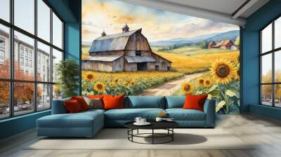 Vibrant rural landscape with sunflowers and an old barn under a sunny sky Wall mural