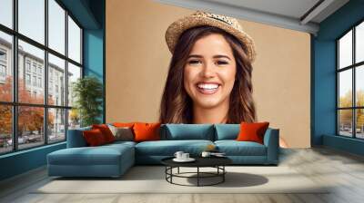 Excited, portrait and woman in studio with straw hat for international travel, vacation or holiday. Happy, tourism and female person from Costa Rica with accessory for global trip by background. Wall mural