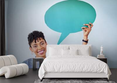 Studio, woman and portrait with speech bubble for opinion, voice and communication with mockup. Female person, advertising and marketing for product placement, billboard and info by gray background Wall mural