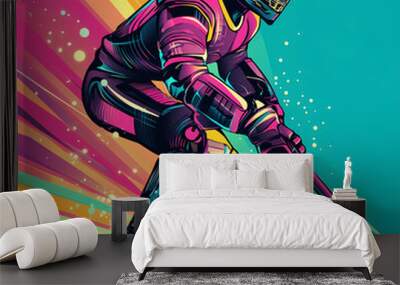 A hockey player displaying futuristic technology in a dynamic action, blending sports and advanced cybernetic elements pop art sticker vector. Wall mural