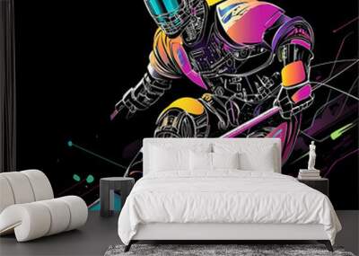 A hockey player displaying futuristic technology in a dynamic action, blending sports and advanced cybernetic elements pop art sticker vector. Wall mural