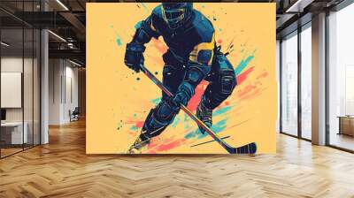 A hockey player displaying futuristic technology in a dynamic action, blending sports and advanced cybernetic elements pop art sticker vector. Wall mural