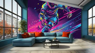 A hockey player displaying futuristic technology in a dynamic action, blending sports and advanced cybernetic elements pop art sticker vector. Wall mural