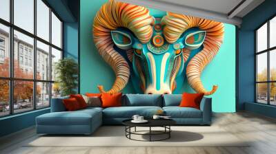 A powerful ram symbol representing the Aries zodiac, with strong, curled horns and a determined expression, embodying courage, energy, and leadership under the vibrant spring sky. Wall mural