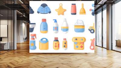 A simple vector icon illustration depicting the group of baby product items at center for a website isolated white background  Wall mural