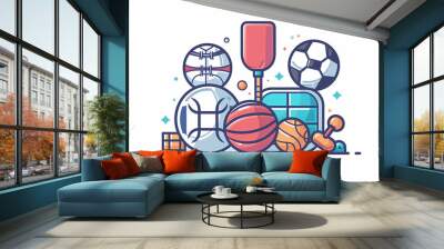 A simple vector icon illustration depicting the group of sport items at center for a website isolated white background Wall mural