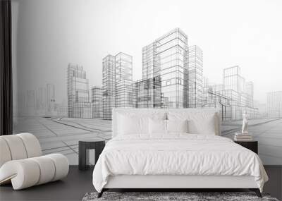 abstract modern urban landscape line drawin.3D illustration Imagination architecture building construction perspective design. Wall mural