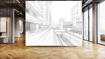 abstract modern urban landscape line drawin.3D illustration Imagination architecture building construction perspective design. Wall mural