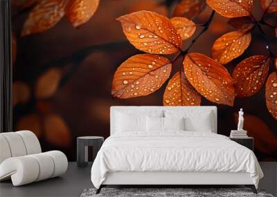 Brown plant leaves in autumn season, brown background Wall mural