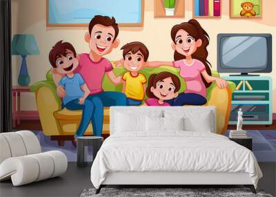 Cartoon image of happy family on sofa in living room Wall mural