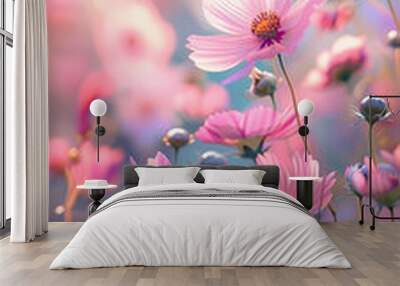 cosmos flower.Natural colorful panoramic landscape with many wild flowers of daisies against blue sky.Close up flowers blooming on softness style in spring summer under sunrise. Wall mural