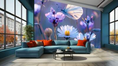 cosmos flower.Natural colorful panoramic landscape with many wild flowers of daisies against blue sky.Close up flowers blooming on softness style in spring summer under sunrise. Wall mural