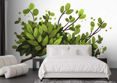 Cute green bush from the forest cartoon, isolated nature object for kids design. Branches and leaves of a fluffy bush isolated on a white background. Vector hand drawn illustration in paper cute style Wall mural