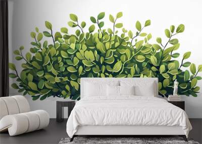 Cute green bush from the forest cartoon, isolated nature object for kids design. Branches and leaves of a fluffy bush isolated on a white background. Vector hand drawn illustration in paper cute style Wall mural