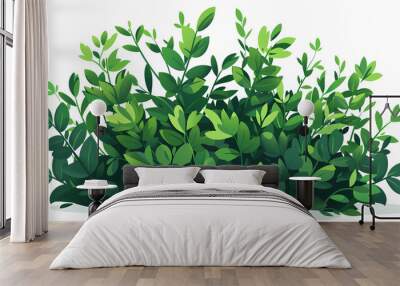 Cute green bush from the forest cartoon, isolated nature object for kids design. Branches and leaves of a fluffy bush isolated on a white background. Vector hand drawn illustration in paper cute style Wall mural