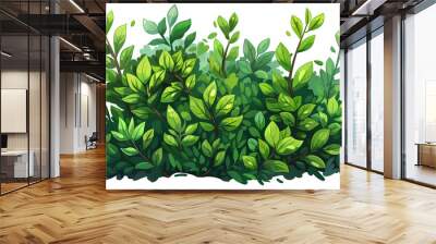 Cute green bush from the forest cartoon, isolated nature object for kids design. Branches and leaves of a fluffy bush isolated on a white background. Vector hand drawn illustration in paper cute style Wall mural