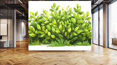 Cute green bush from the forest cartoon, isolated nature object for kids design. Branches and leaves of a fluffy bush isolated on a white background. Vector hand drawn illustration in paper cute style Wall mural