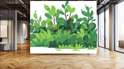 Cute green bush from the forest cartoon, isolated nature object for kids design. Branches and leaves of a fluffy bush isolated on a white background. Vector hand drawn illustration in paper cute style Wall mural