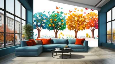 Four seasons tree isolated on white background, spring with flowers, green summer, yellow autumn, snow winter. Vector illustration. Paper cut cartoon style, Wall mural