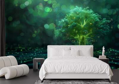 Green technology concept of digital environment in futuristic polygonal style. Glowing neon tree on the background of circuit board. Wall mural