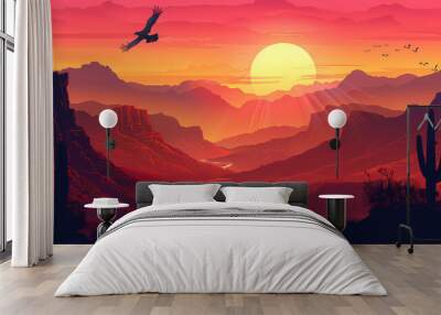 Mexican desert landscape with silhouettes of cactus and eagles at sunset. Vector scenic background with dramatic, vibrant red and orange colors of dusk time. The majestic Arizona Canyon Mountains Wall mural