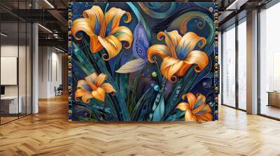 Mosaic artistic image of narrow border of manta ray  feathers and tiger lilie Wall mural