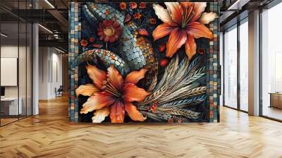 Mosaic artistic image of narrow border of manta ray  feathers and tiger lilie Wall mural