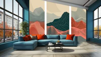 Set Mountain layout design in oriental style.Japanese background with line wave pattern vector. Abstract template with geometric pattern. Wall mural